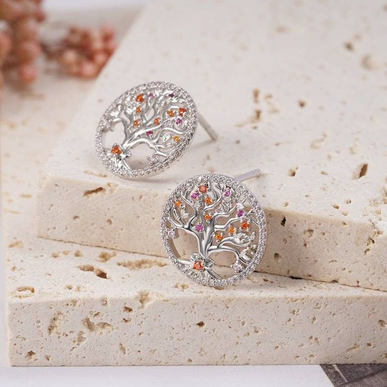 Tree of Life Ear Studs 925 Sterling Silver inlaid with Stones Mother's Day Gift