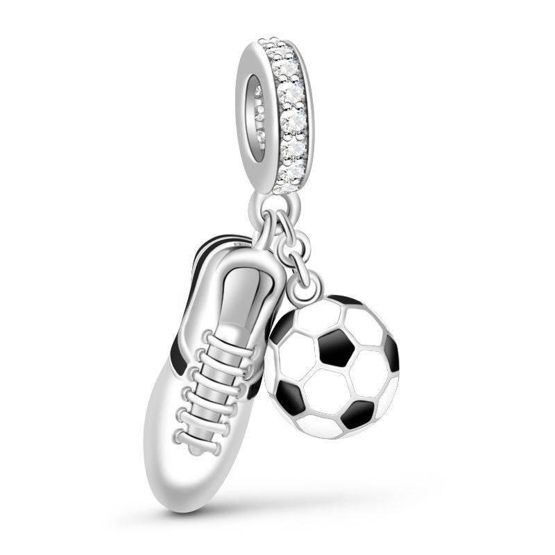 925 Sterling Silver Dangle Charm Sneaker & Black and White Enamel Football Pendant Fit Bracelets and Necklaces