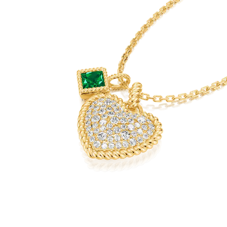 Gnoce Paved Heart & Emerald Princess Gemstone Twisted Rope Pendants Necklaces
