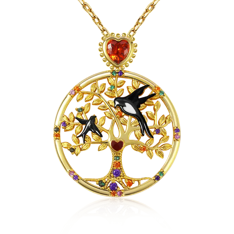Tree of Life Necklaces with Heart Ruby and Colorful Gemstones Sterling Silver 18K Gold Plated