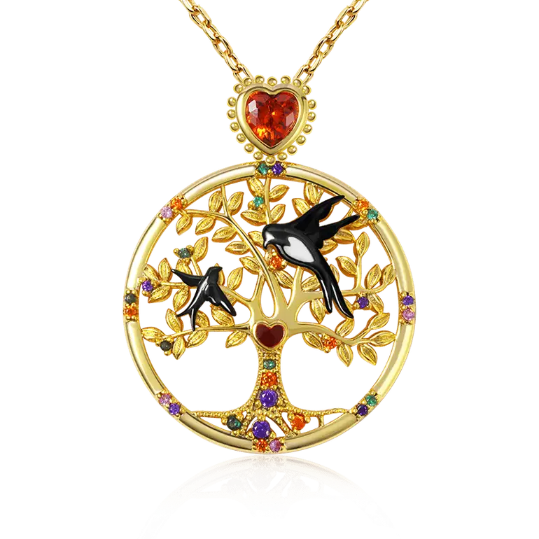 Tree of Life Necklaces with Heart Ruby and Colorful Gemstones Sterling Silver 18K Gold Plated