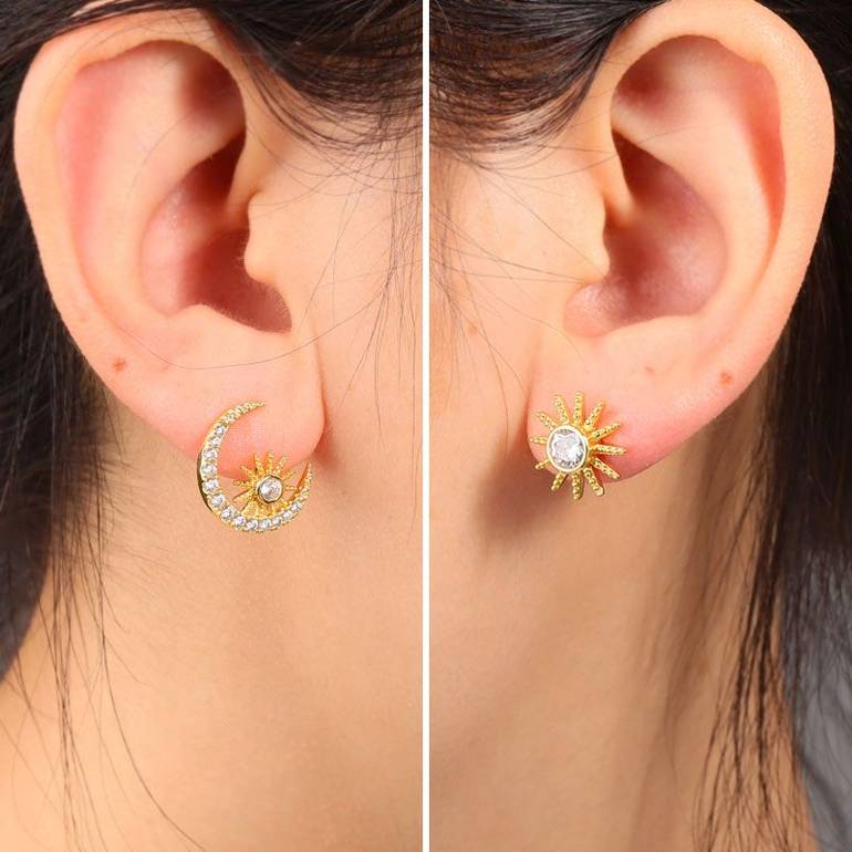 Asymmetry Star Moon Stud Earrings 18k Gold Plated S925 Silver