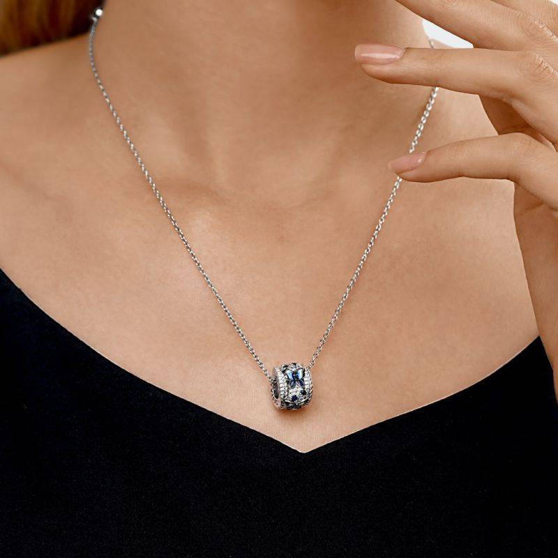 Gnoce Blue Butterfly Drum Pendant Necklaces