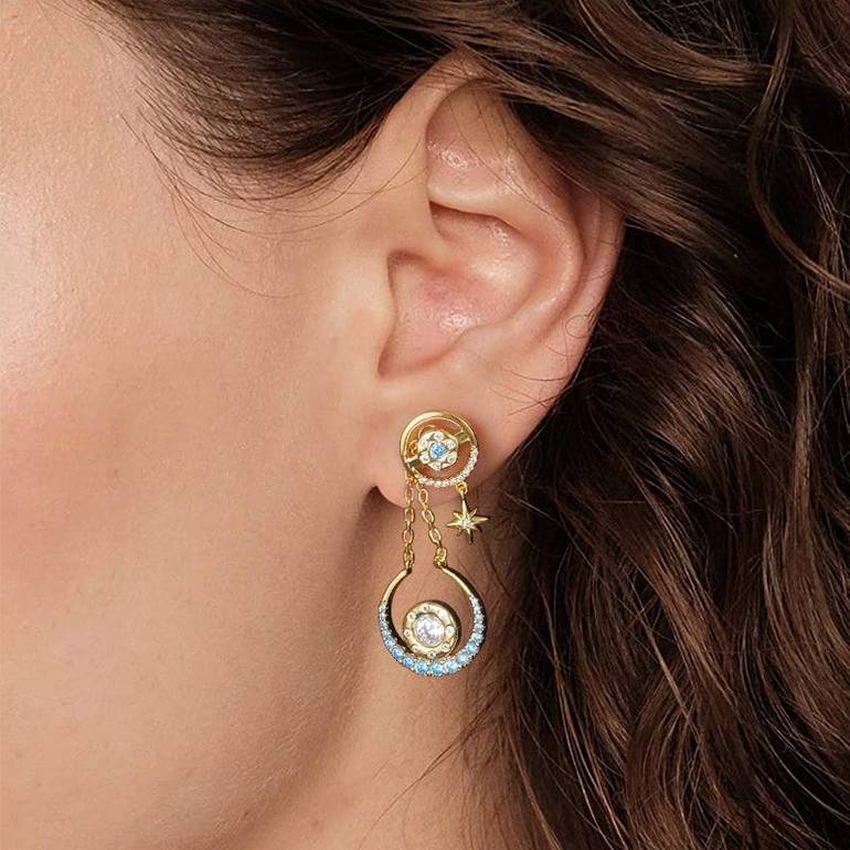 Star Moon Asymmetrical Pattern Dangle Earrings Inlaid with Colorful Gems Sterling Silver 18K Gold Plated