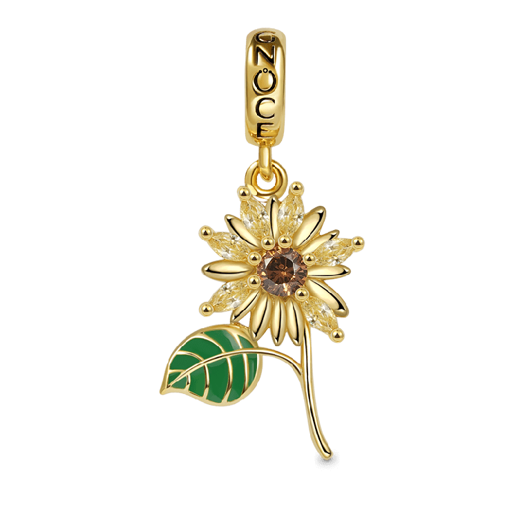 Sunflower Pendant Dangle Charm 925 Sterling Silver 18K Gold Plated Green Enamel Leaf CZ Stone Inlay