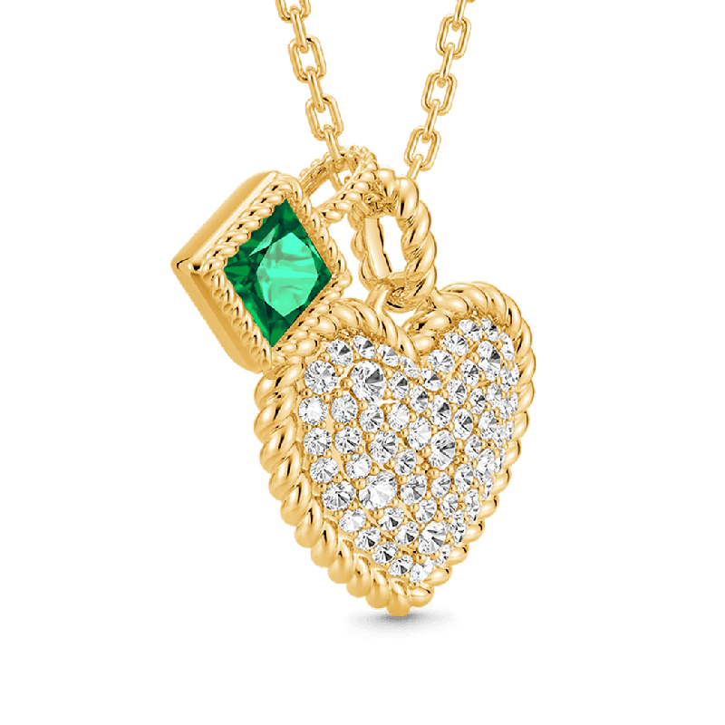 Gnoce Paved Heart & Emerald Princess Gemstone Twisted Rope Pendants Necklaces