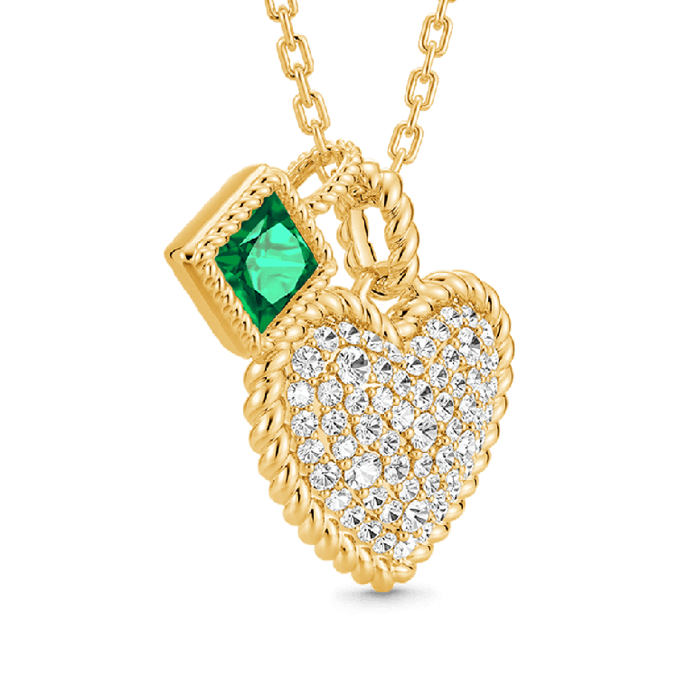 Gnoce Paved Heart & Emerald Princess Gemstone Twisted Rope Pendants Necklaces