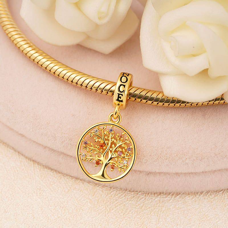 Tree of Life Pendant Dangle Charm Sterling Silver 18k Gold Plated inlaid with Multicolour Stones