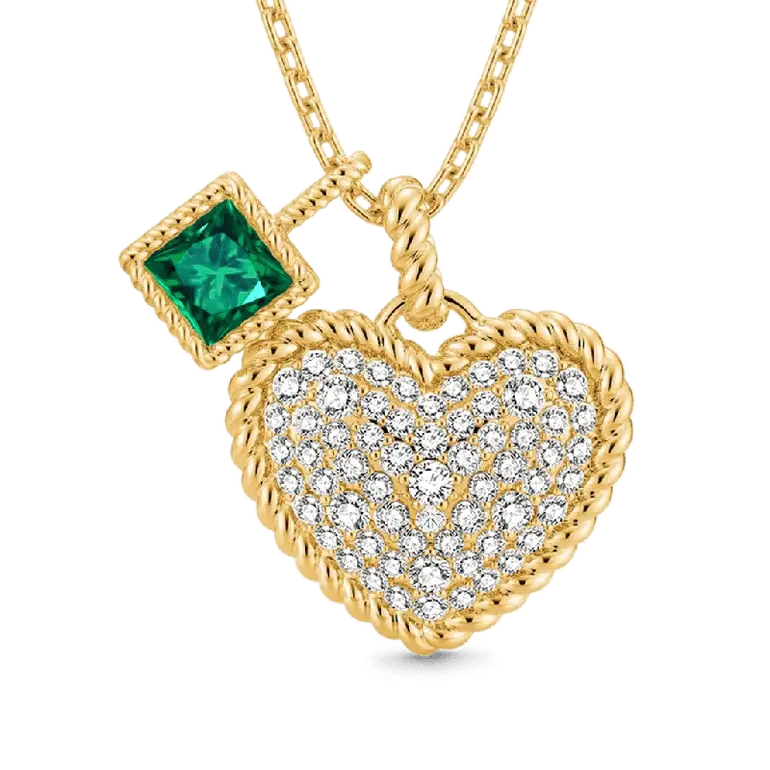 Gnoce Paved Heart & Emerald Princess Gemstone Twisted Rope Pendants Necklaces