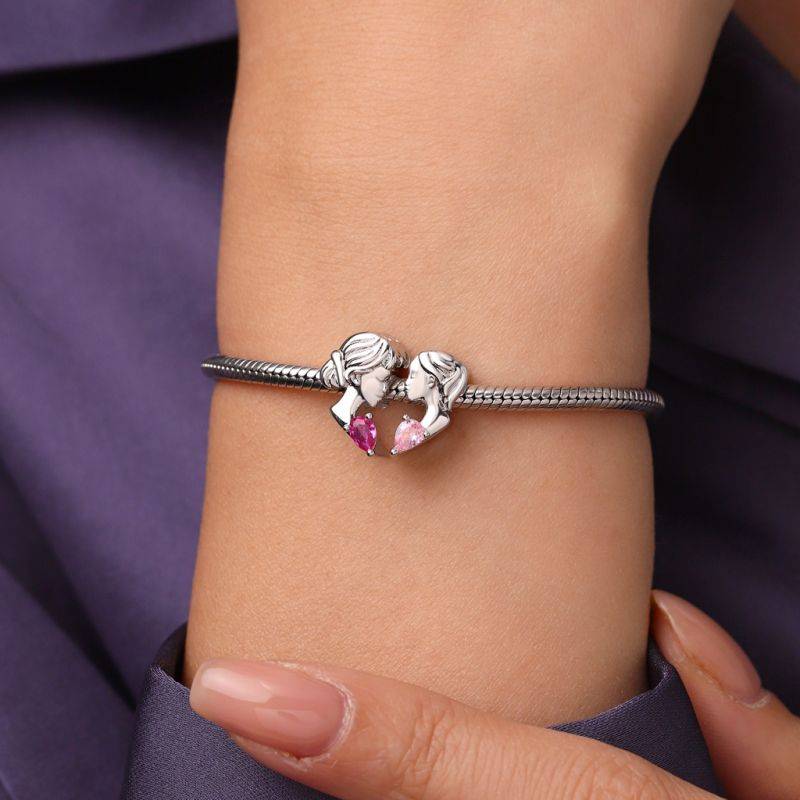 Gnoce Mother & Daughter Heart Engravable Birthstone Double Charm
