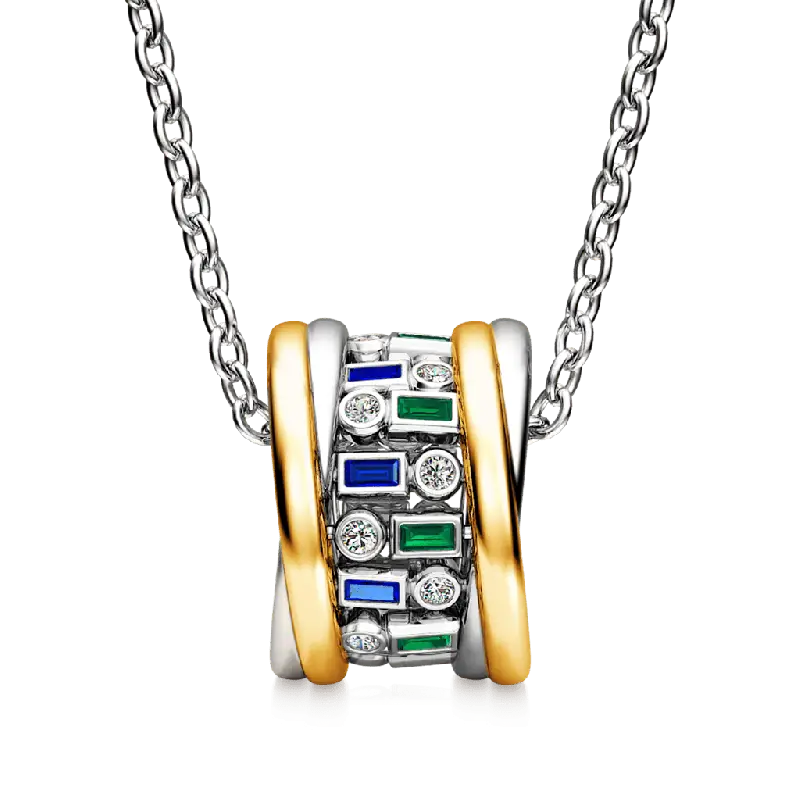 Gnoce Alternating Blue & Green Emerald Cut Drum Pendant Necklaces