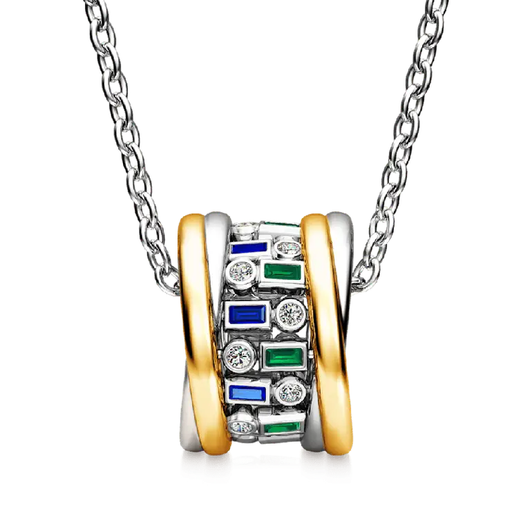 Gnoce Alternating Blue & Green Emerald Cut Drum Pendant Necklaces