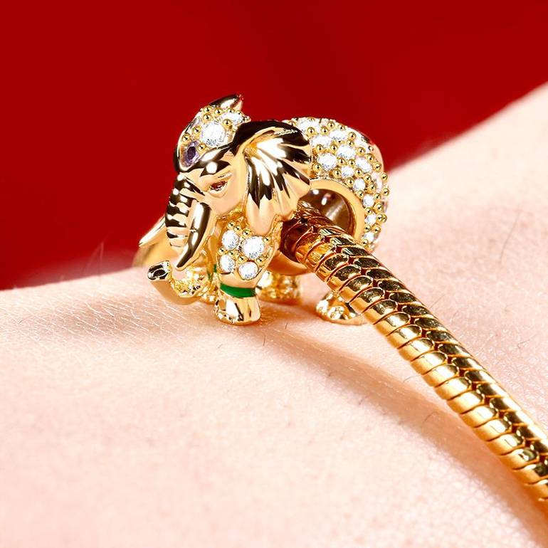 Thai Elephant Charm 18k Gold Plated Bead with Cz Sterling Silver