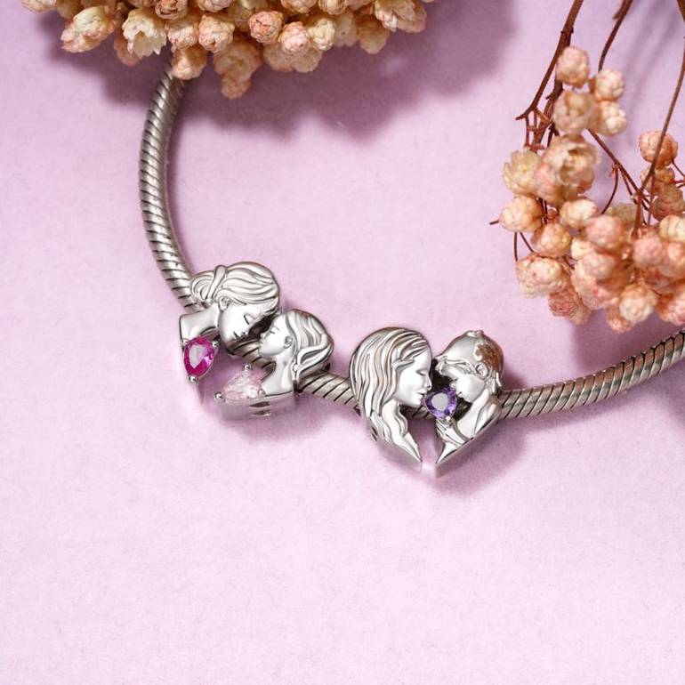 Gnoce Mother & Son Heart Engravable Birthstone Double Charm
