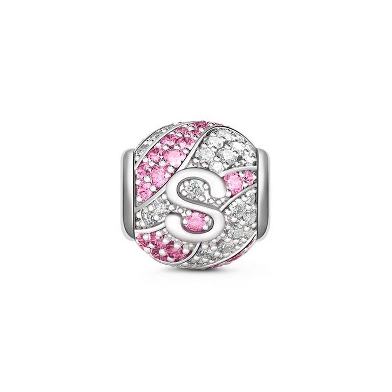 Letter S Charm with Aquamarine & Clear CZ 925 Sterling Silver