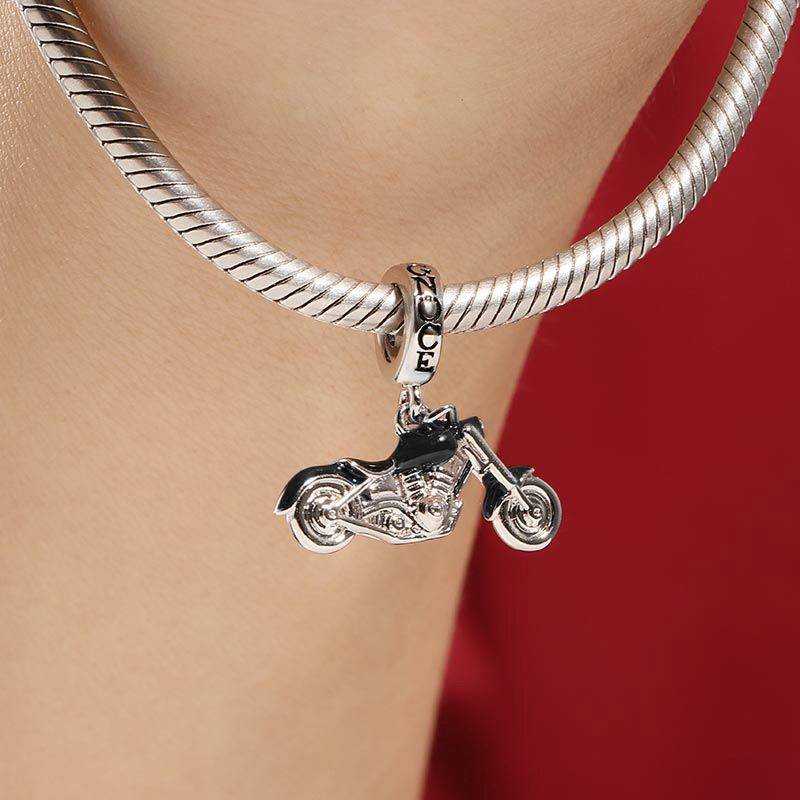 Black Motorcycle Pendant Dangle Charm Sterling Silver
