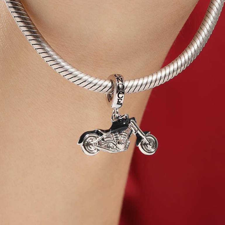 Black Motorcycle Pendant Dangle Charm Sterling Silver