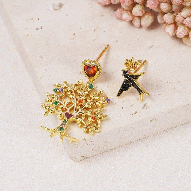 Tree of Life & swallow Ear Studs 925 Sterling Silver 18k Gold Plated inlaid with Stones Mother's Day Gift