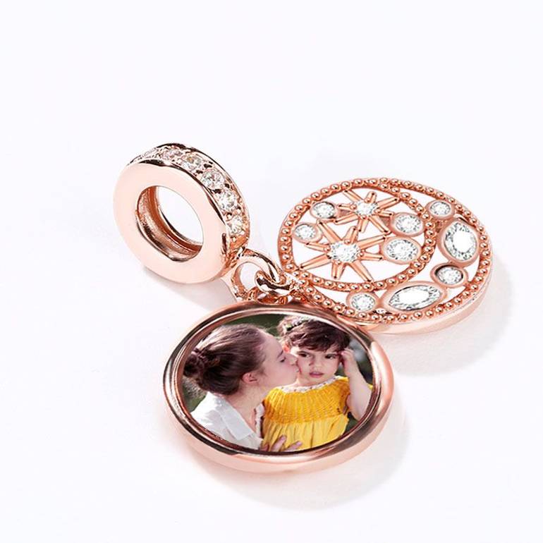 Moon & Star Personalized Pendant Engravable Photo Charm 18k Rose Gold Plated