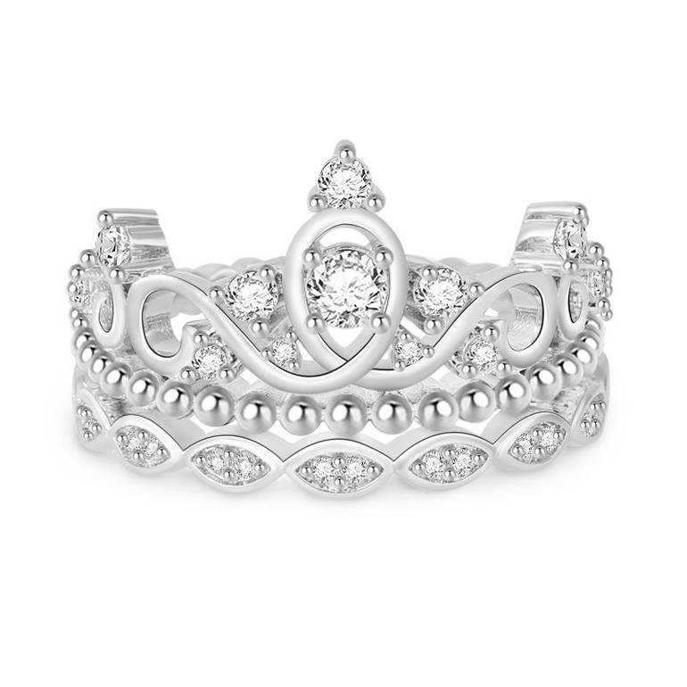 Princess Crown Stackable Ring Sterling Silver With Crystal Stones 3 Pieces Set