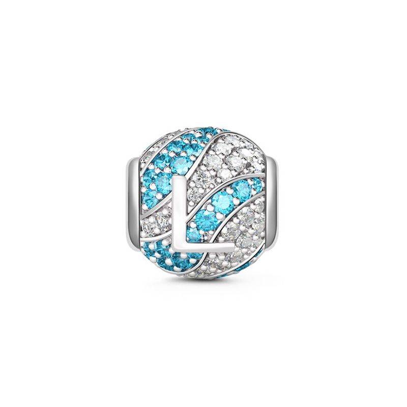 Letter L Charm with Aquamarine & Clear CZ 925 Sterling Silver