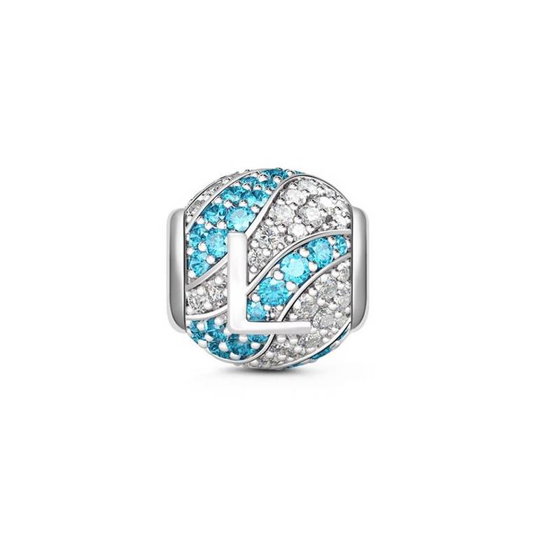 Letter L Charm with Aquamarine & Clear CZ 925 Sterling Silver