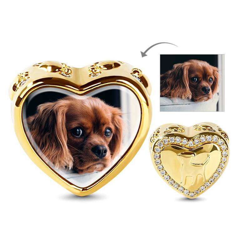 Heart Shaped Puppy Photo Charm 18k Gold Plated White Stone 925 Sterling Silver