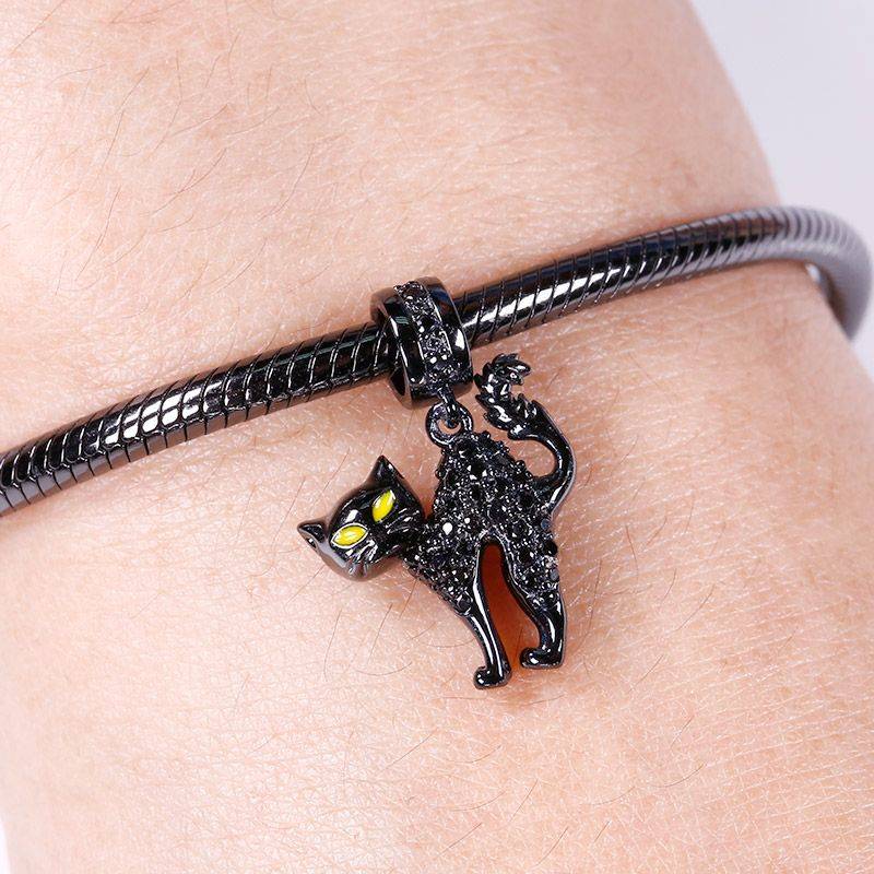 Naughty Black Cat Dangle Charm with Cz Stone 925 Sterling Silver Pendant for Bracelets/Necklaces