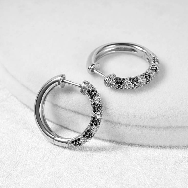 Snakeskin Hoop Earrings Sterling Silver inlaid with Black and White Stones