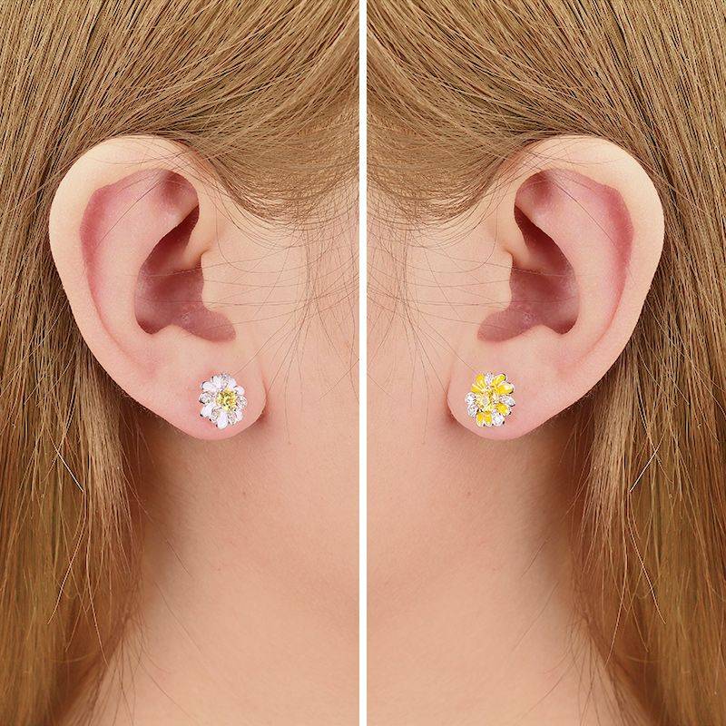 Daisy Flower Earrings Paved Yellow CZ Stones Sterling Silver