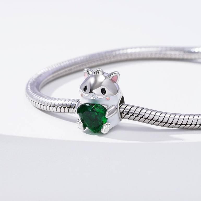 Cute Hamster Embraces Heart Gemstone Charm Bead 925 Sterling Silver