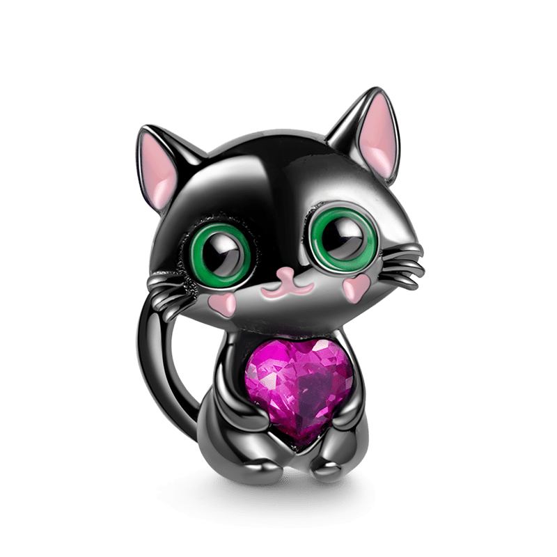 Black Cat Embraces Heart Gemstone Charm Bead Sterling Silver