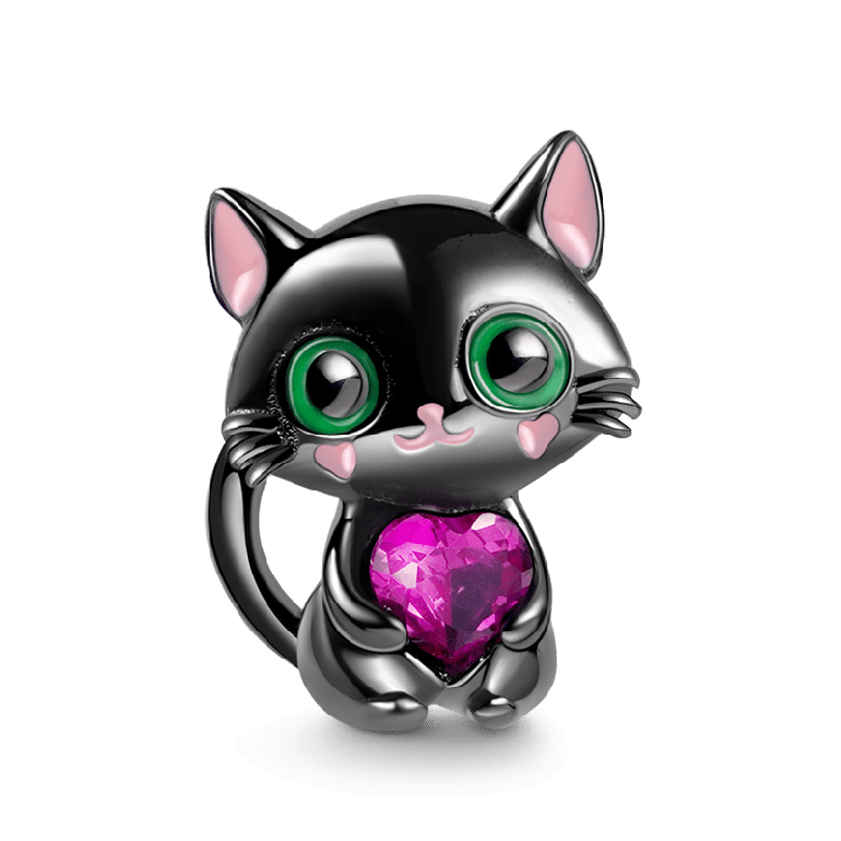 Black Cat Embraces Heart Gemstone Charm Bead Sterling Silver