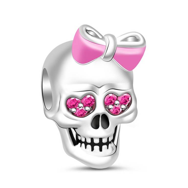 Skull with Pink Enamel Bowknot Charm 925 Sterling Silver Paved Pink Sapphire