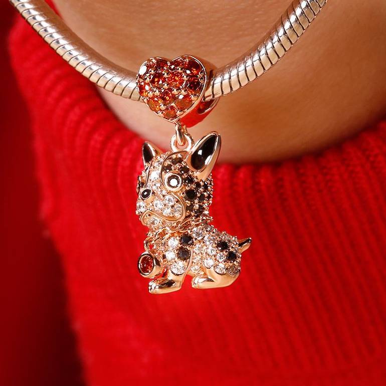 Bulldog Charm Pendant Sterling Silver Bead 18k Rose Gold Plated With Czs