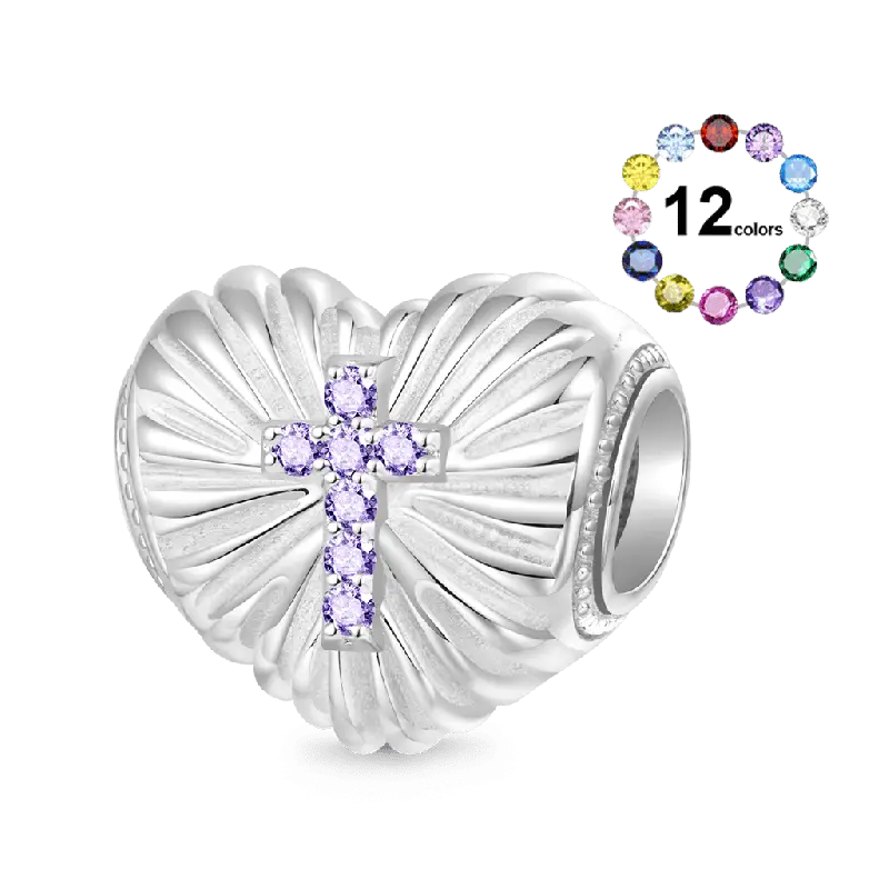 Gnoce Religious Cross 'Faith Over Fear' Heart Birthstone Charm