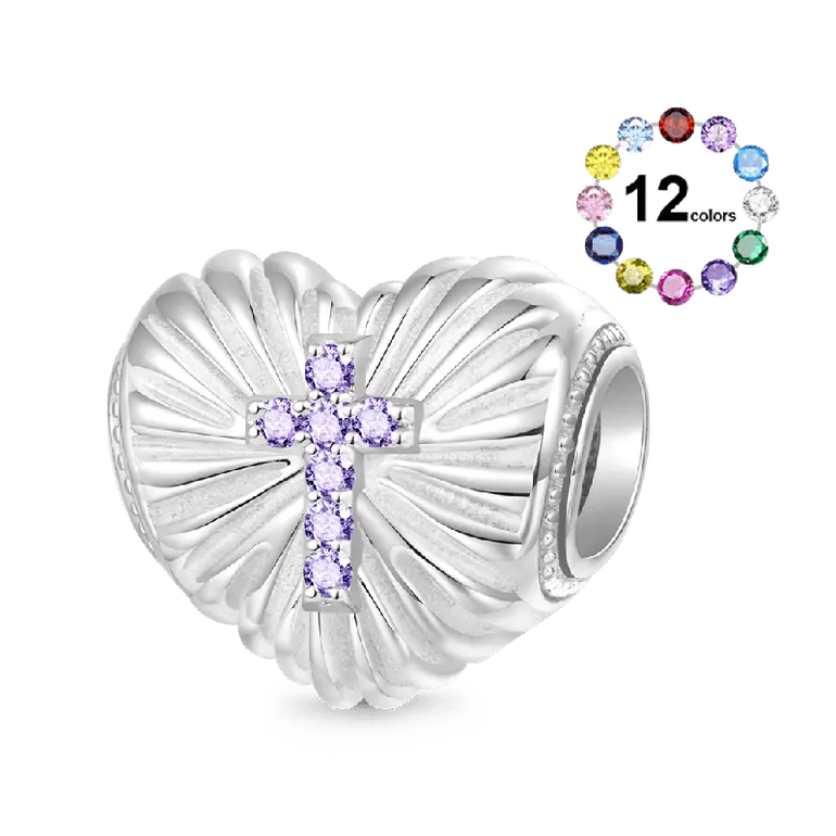 Gnoce Religious Cross 'Faith Over Fear' Heart Birthstone Charm