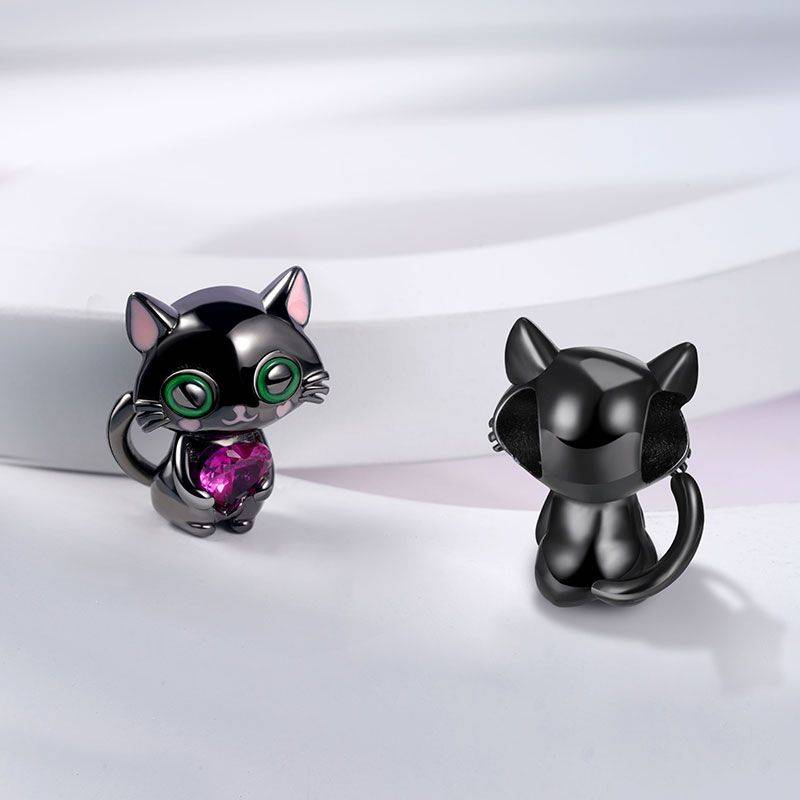 Black Cat Embraces Heart Gemstone Charm Bead Sterling Silver