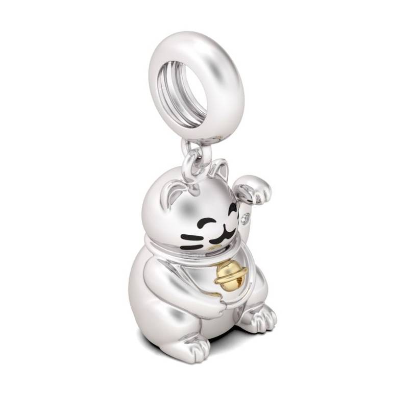 Lucky Cat Wearing Bell Dangle Charm S925 Sterling Silver Pendant Gift for Animal Lovers