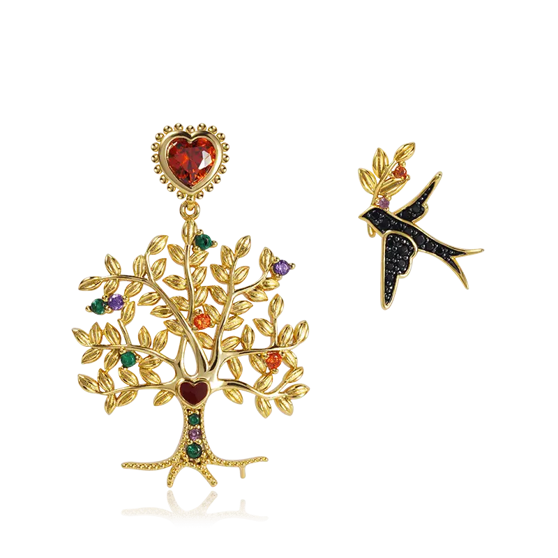 Tree of Life & swallow Ear Studs 925 Sterling Silver 18k Gold Plated inlaid with Stones Mother's Day Gift