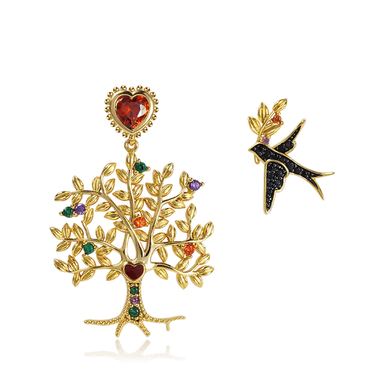 Tree of Life & swallow Ear Studs 925 Sterling Silver 18k Gold Plated inlaid with Stones Mother's Day Gift