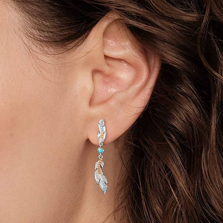 Feather Earrings Sterling Silver inlaid with Turquoise and Stones