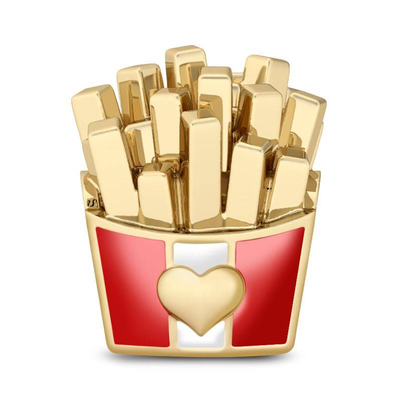 French Fries Charm 18k Yellow Gold Plated Bead with Red and White Enamel