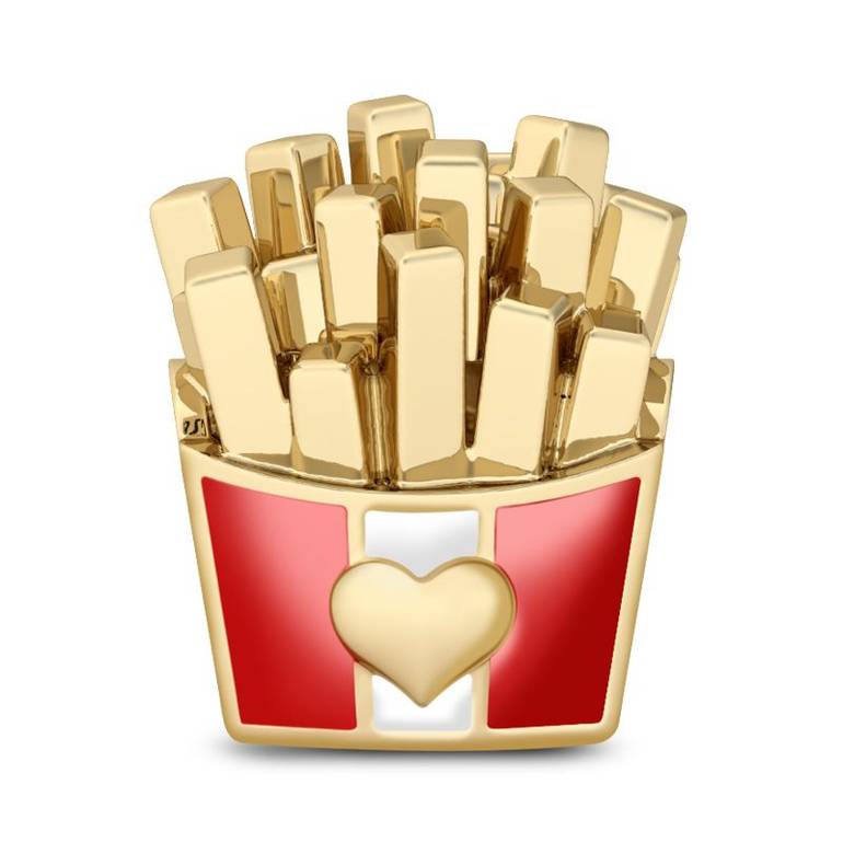 French Fries Charm 18k Yellow Gold Plated Bead with Red and White Enamel
