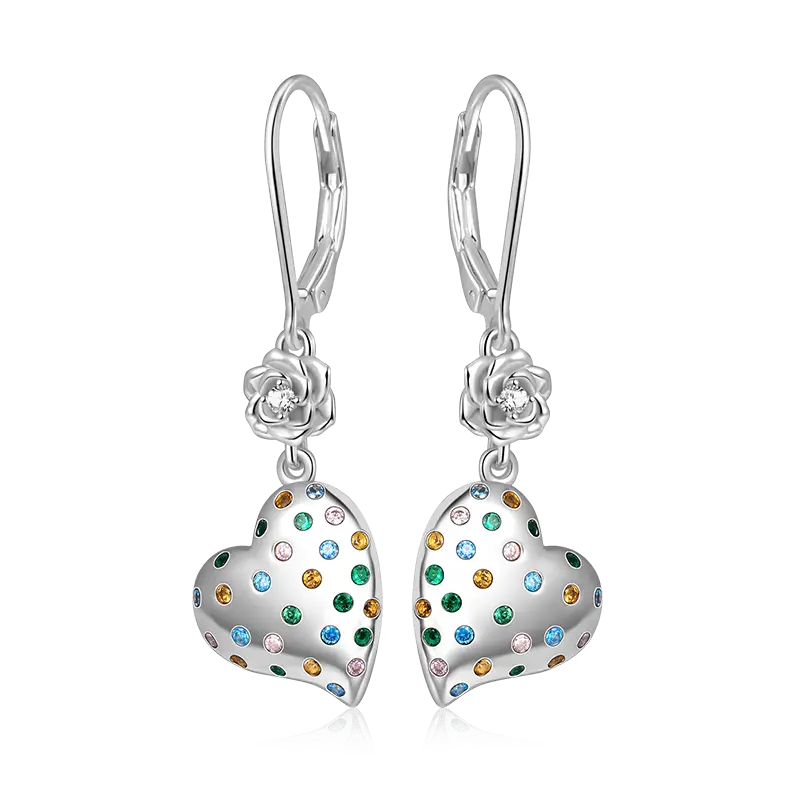 Gnoce Rose Flower Heart Dangle Leverback Earrings