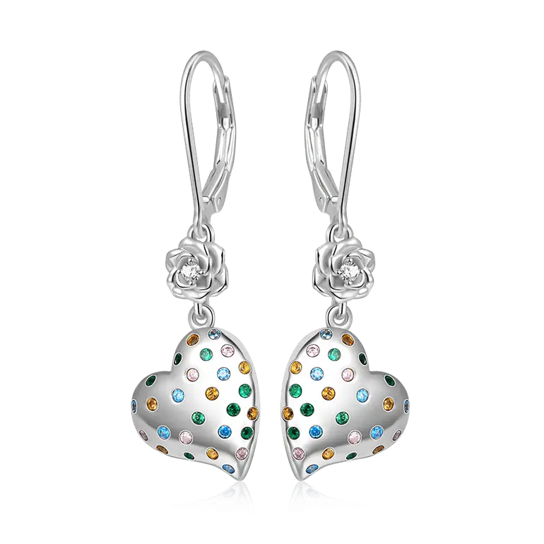 Gnoce Rose Flower Heart Dangle Leverback Earrings