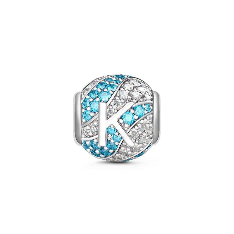 Letter K Charm with Aquamarine & Clear CZ 925 Sterling Silver