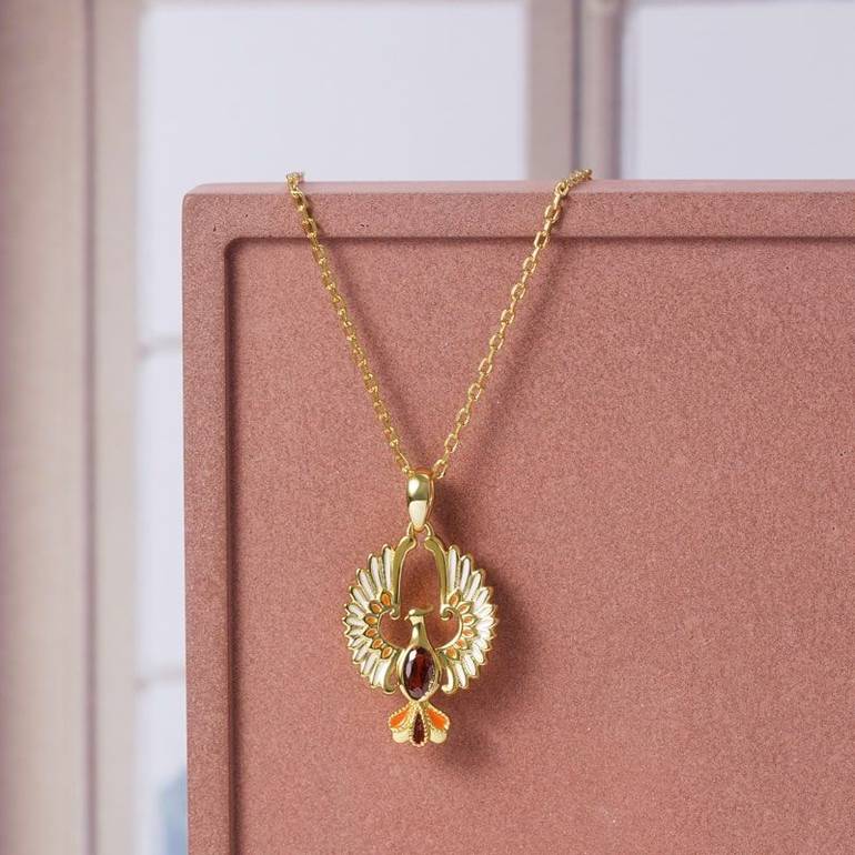 Golden Phoenix Necklaces Sterling Silver 18k Gold Plated inlaid with Oval Cut Ruby