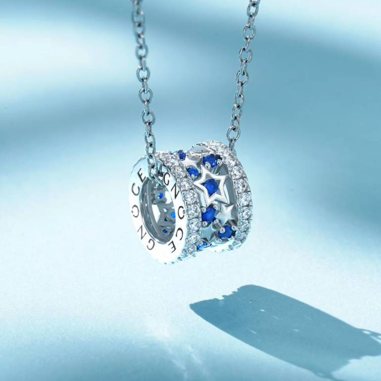 Gnoce Blue Starry Drum Pendant Necklaces