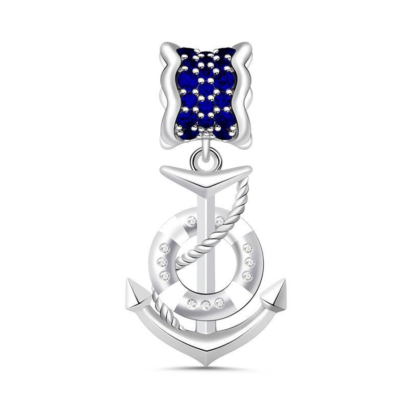 Anchor Dangling Charm Paved Dark Sapphire 925 Sterling Silver Marine Themed Pendant